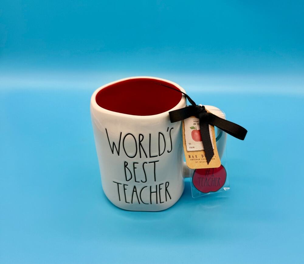 Rae Dunn WORLD'S BEST TEACHER Mug #1 Teacher Apple Keychain Magenta